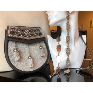 NWT Marchbrae Black Leather Ponyhair 3 Tassel Sporran & Silver Celtic Dress Belt